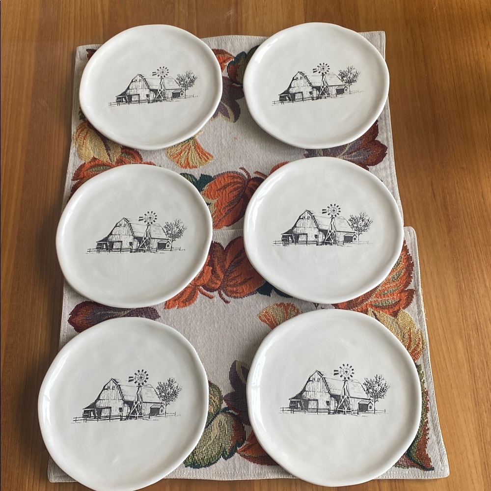 (6) Robert Stanley 2014 Rustic Barn Windmill 8.25 inches Stoneware Salad Plates